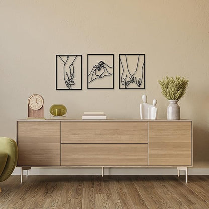 EDCIJB 3 Pcs Minimalist Heart Hands Black Metal Wall Decor Single Line Wall Art Abstract Metal Wall Art Decor for Bedroom Livingroom,Bathroom,Decor for Couples