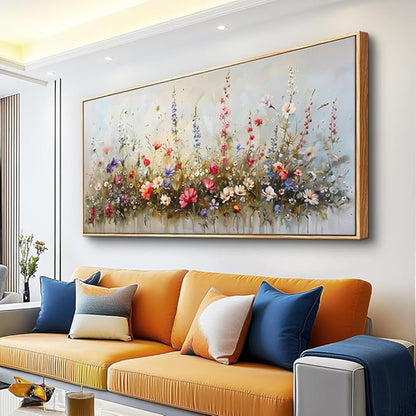 hyidecorart Wood Framed Canvas Print Wall Art Living Room Boho Wall Decor For Bedroom Farmhouse Pastel Watercolor Wild flowers Nature Field Landscape Wall Paintings Pictures Office Wall Art Decor
