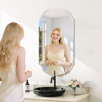 GLASHOM Beveled Edge Frameless Bathroom Mirror, Oval Wall Mirror for Over Sink, 18" x 36" Modern Decorative Vanity Mirror for Bedroom, Living Room, Entryway, Hanging Mirror Horizontal or Vertical