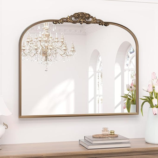 Keonjinn Gold Vintage Mirror for Wall, 36" x 30" Antique Arched Mirrors with Metal Frame, Baroque Style Decoration for Mantle, Bathroom, Living Room, Fireplace, Bedroom, French Cleat Mounting