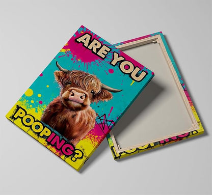 Funny Highland Cow Bathroom Canvas Wall Art Prints, Are You Pooping Sign, Colorful Pop Art Toilet Poster for Washroom, Graffiti Humorous Restroom Wall Decor, 16x24 Inch Framed Painting Ready to Hang