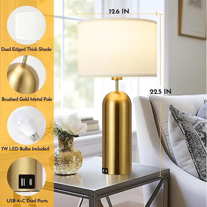 MoMyofdy Gold Lamps Set of 2 Touch Control 3-Way Dimmable Bedside Nightstand Lamps Bedroom Lamps Modern White& Gold Table Lamp with USB Type C Ports Tall Lamps for Living Room End Table Home Office