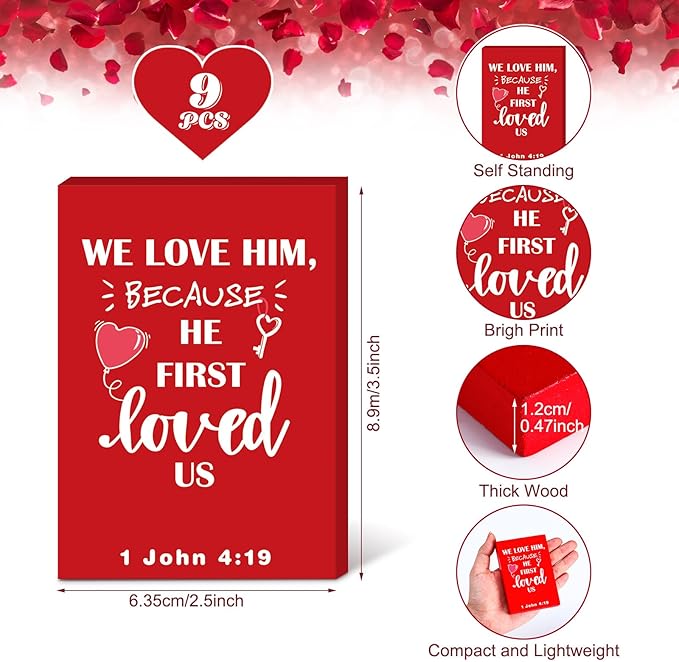 Yousoontic 9 Pcs Christian Valentine's Day Decor Bible Verse Religious Jesus Table Decorations Wood Block Sign Rustic Valentines Love Tiered Tray Decor for Church Home Shelf Table Top(Classic)