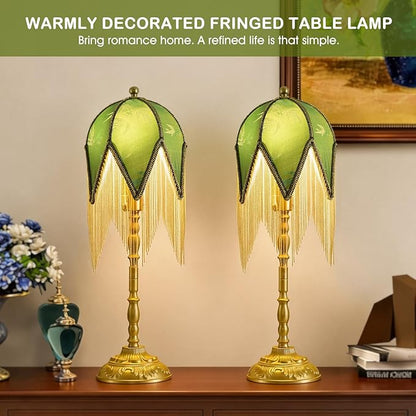 WELAISA- Vintage Table Lamp with Beaded Tassels, Metal Base Farmhouse Decorative Table Lamp for Reading-B