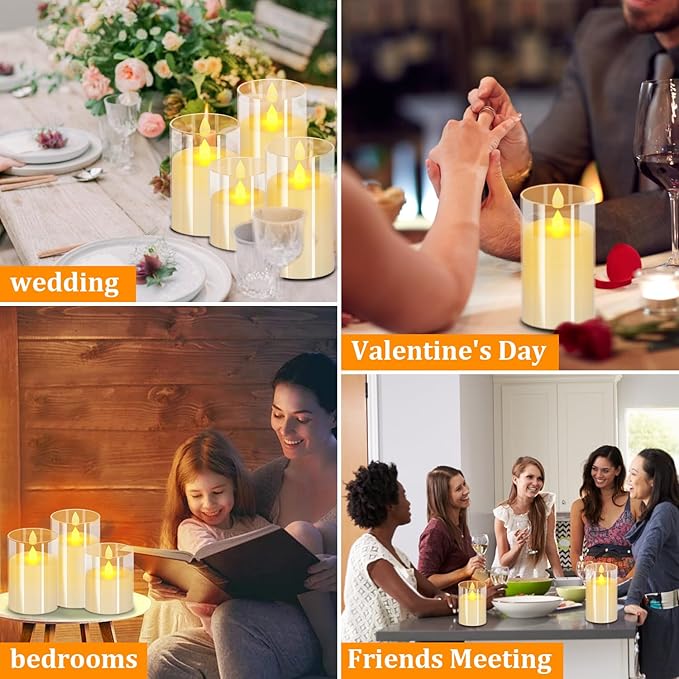 wemarry Flameless Candles 4" 5" 6" Acrylic Glass Pillars 3" Diameter Battery Operated Flickering Candles Include 8-Key Remote with Timer Function 400+ Hours (Pure White, Warm Light 9 Pack)