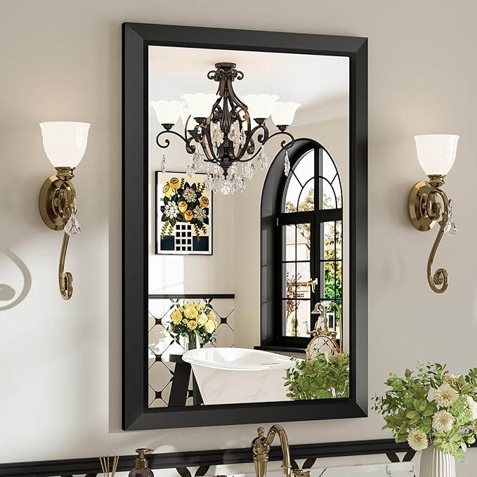 24x36 Inch Black Bathroom Mirror for Wall, Beveled Framed Rectangle Bathroom Vanity Mirrors for Over Sink, Bedroom, Living Room, Entryway, Anti-Rust, HD Tempered Glass, Horizontally/Vertically