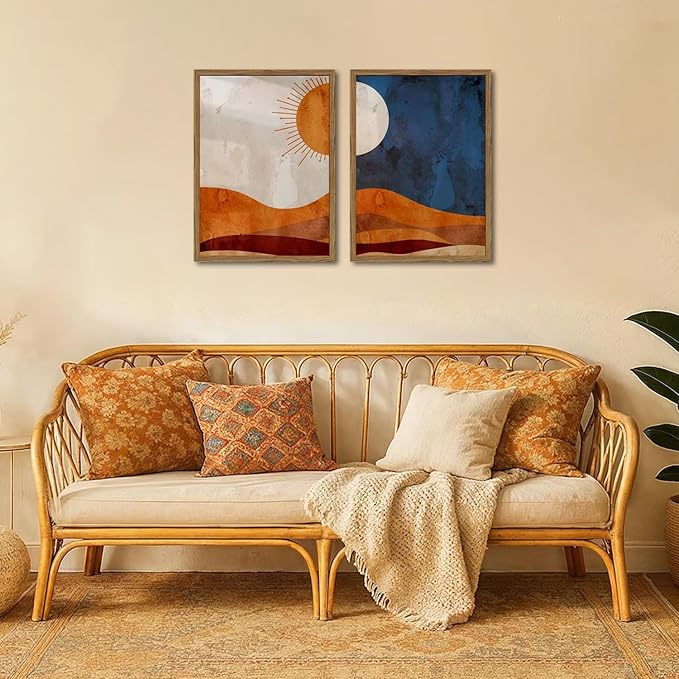 Framed Boho Sun and Moon Canvas Wall Art Set of 2, Vintage Western Desert Landscape Wall Decor Paintings, Mid Century Modern Abstract Pictures Prints Artwork for Living Room Bedroom Office 16x24 inch