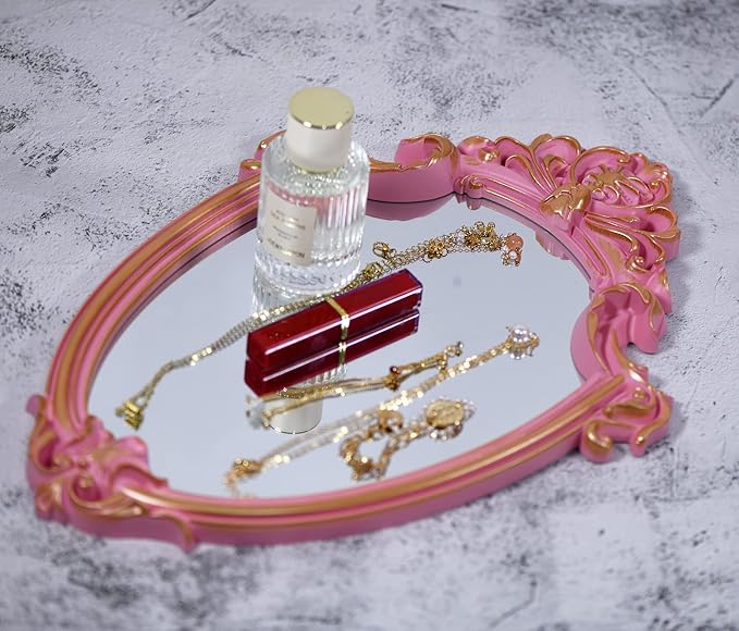 Eaoundm 16.5 x 11 inch Vintage Mirror Antique Mirror Decorative wall Mirror Shield Shape (Pink)