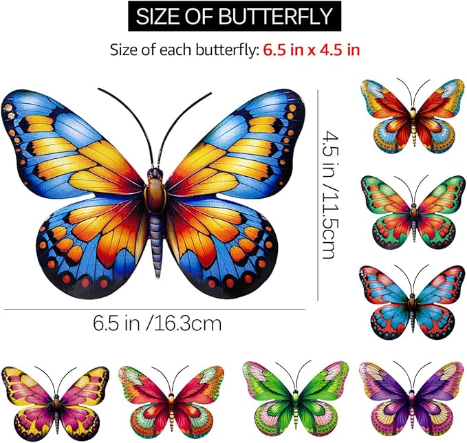 Metal Butterfly Wall Decor, 8 Pack Butterflies Wall Art Hanging Sculptures Decorations for Indoor Outdoor Decor Fence Garden Yard Patio Exterior Decor