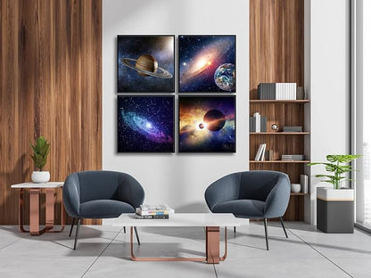 Wieco Art Large Framed Wall Art 4 Panels Contemporary Star Sky Pictures Astronomy Modern Canvas Prints Space Pictures Universal Magic Power for Home Office Bedroom Decorations