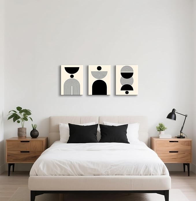 WENGTIAO 3Pcs Boho Abstract Canvas Wall Art,Neutral Minimalist Geometric Line Wall Painting Mid Century Beige Black Art Modern Prints Bohemian Home Decor for Bedroom Living Room Hallway Office 12"X16"x3