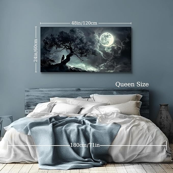 SERIMINO Large Wall Art for Living Room, Dark Landscape Canvas Prints Paintings, Moonlit Night Pictures Wall Decor Aesthetic, Moon and Tree Modern Home Decor Bedroom Bathroom Office Artwork 24"X48"