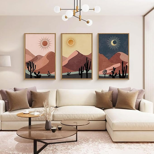 HPNIUB Boho Desert Framed Canvas Wall Art Set, Abstract Sun Moon Art Prints, Modern Cactus Paintings Artwork, Mid Century Southwestern Landscape Wall Decor for Living Room, Bedroom, Office-16 x24 x3