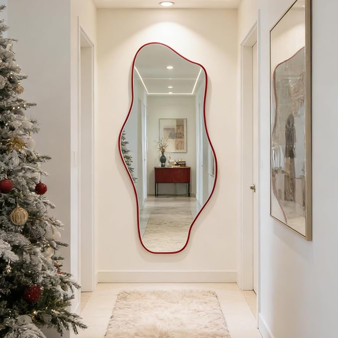 Irregular Mirror Full Length, 67"x31" Red Asymmetrical Tempered Glass Mirror, Large Organic Frameless Wall Mirrors for Living Room Bedroom Hallway Entryway, Horizontal or Vertical Hanging