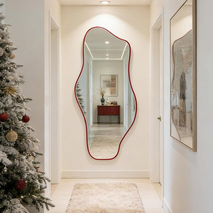 Irregular Mirror Full Length, 67"x31" Red Asymmetrical Tempered Glass Mirror, Large Organic Frameless Wall Mirrors for Living Room Bedroom Hallway Entryway, Horizontal or Vertical Hanging