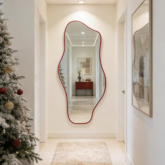 Irregular Mirror Full Length, 67"x31" Red Asymmetrical Tempered Glass Mirror, Large Organic Frameless Wall Mirrors for Living Room Bedroom Hallway Entryway, Horizontal or Vertical Hanging