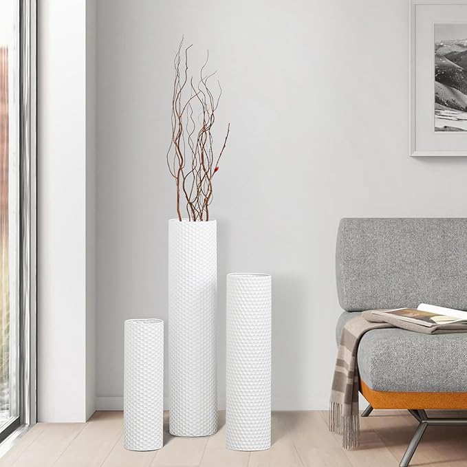 Dnnnii Tall Floor Vases Set of 3 - White Metal Cylinder Vases for Living Room Corner, Modern Honeycomb Texture, Extra Large Standing Decor (Tallest 27.6in, Home Bedroom Dining Decor)