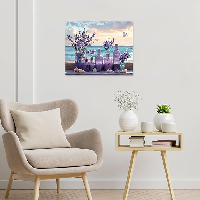 LB Ocean Purple Lavender Wall Art for Living Room Purple Flower in Vase with Butterfly Canvas Wall Art Blue Sky and White Cloud Wall Decor for Bedroom Bathroom Office Framed Ready to Hang 8L x 10W