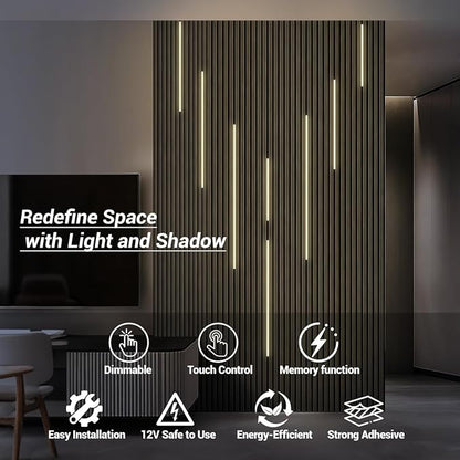 HAMRVL Black LED Recessed Lighting Kit - 8 PCS 3000K Warm White LED Strip Lights with Touch Control, Dimmable Self-Adhesive Wall Panel Lights for Wood Slat Wall Panels, Under Cabinet (Black Cover)