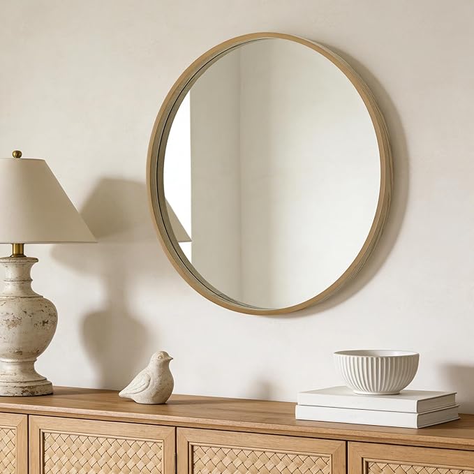 WallBeyond Round Mirror with Wood Frame, 28" Circle Modern Decoration Large Home Decor Mirror for Bathroom Living Room Bedroom Entryway (28" Diameter, Natural Wood)