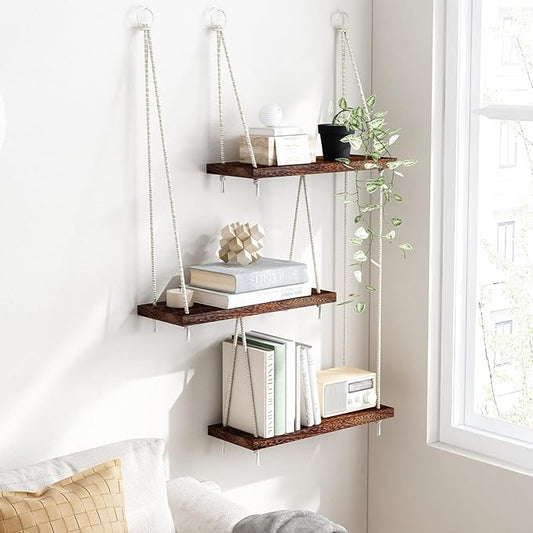 Fixwal Hanging Shelves for Wall, 3 Tier Boho Wall Decor Hanging Plant Shelf Floating Shelves Rope Rustic Wood Organizer Storage Hanger Rack for Aesthetic Home Bedroom Kitchen Bathroom - Dark Brown