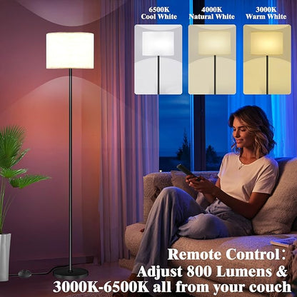Qaubauyt Smart LED Floor Lamp with APP Control & RGB Colors - Dimmable Standing Lamp for Living Room, Bedroom, Gaming - Remote, Timer, 9W Bulb Included, 60.6" Modern Tall Lamp (White)