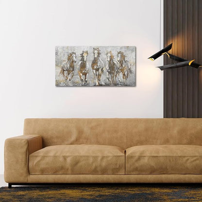 LoveHouse Gray and Gold Horse Wall Art Large Running Horses Canvas Print Horses Painting Wall Decor 24"x48"