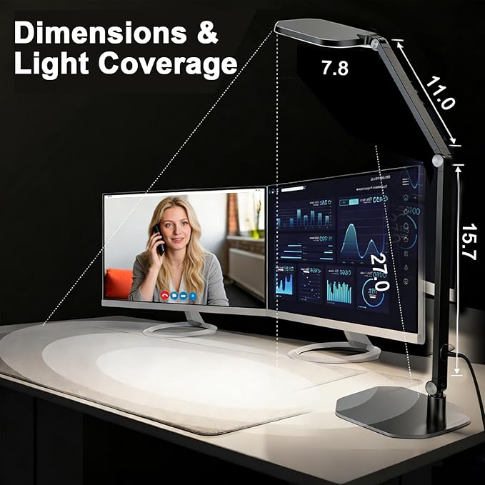 Pro LED Desk Lamp with Remote Control, Eye-Caring CRI95+ Dimmable Light, 3000K–6000K Adjustable Color Temperature, Flexible Angle, Clamp or Base Mount, for Home Office, Reading & Video Calls, 2 Pack