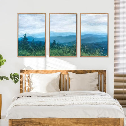 CHDITB Boho Blue Mountain Framed Wall Art Paintings(16"x24"), 3 Panels Blue White Sky Ridge Virginia Landscape Watercolor Canvas Artwork Printings, Large Modern Cloud Trees Nature Posters for Bedroom Living Room