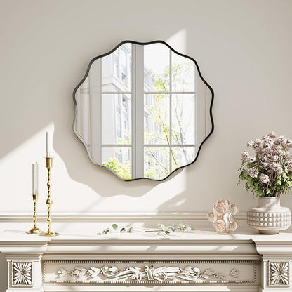 Round Wavy Mirror - 24 Inch Bathroom Vanity Mirror Metal Frame Circle Wall Mounted Mirror for Bedroom Living Room Entryway, Black