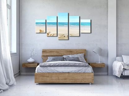 Pyradecor Seashell Large 5 panels Seascape Canvas Prints on Modern Stretched Canvas Wall Art Sea Beach Pictures Artwork for Living Room Bedroom Home Decorations L