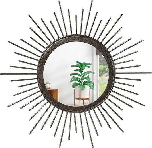 Large Sunburst Wall Mirror, Round Home Modern Metal Art Mirror for Bathroom Living Room Hallway Bedroom Balcony Farmhouse 24" x 24"