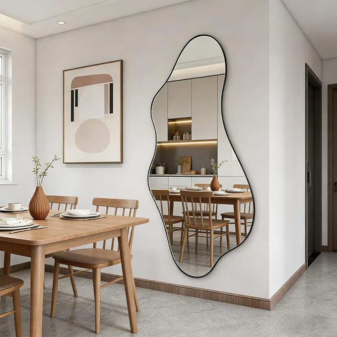 Large Irregular Mirror, 63"x30" Asymmetrical Aesthetic Wall Mirror with Metal Frame, Modern Organic Shaped Mirrors for Living Room Bedroom Hallway Entryway, Hangs Vertically or Horizontally