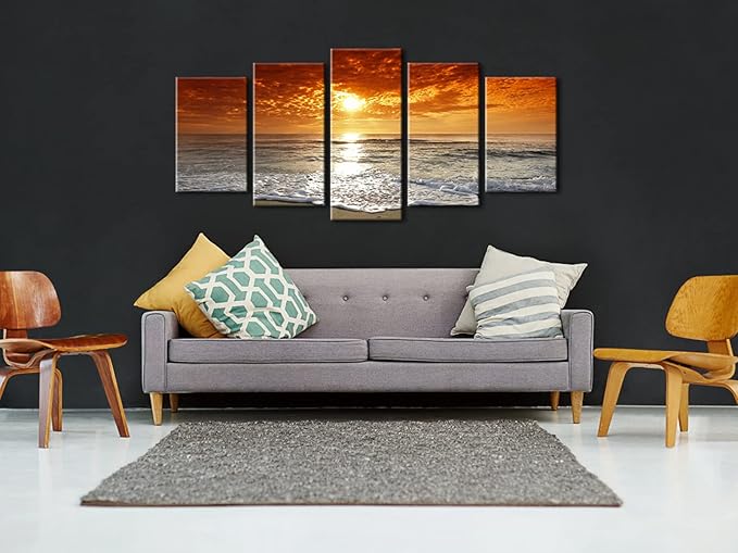 Wieco Art Grand Sight Sunset Ocean Canvas Prints Wall Art Sea Beach Pictures to Photo Paintings Landscape Decor for Living Room Bedroom Home Decorations 5 Panels Modern HD Seascape Giclee Artwork
