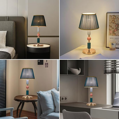Green Fabric Shade Table Lamp Modern Metal Desk Lamp with Plug Cord Switch for Bedroom Bedside
