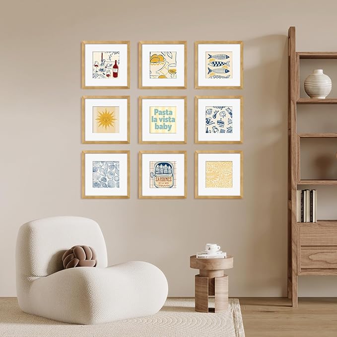 YESKAY 12x12 Picture Frame Set of 9, Photo Gallery Wall Frame Set, Display Pictures 8x8 with Mat or 12 x 12 Without Mat, Square Frame Picture Frames Collage Wall Decor, Natural Oak