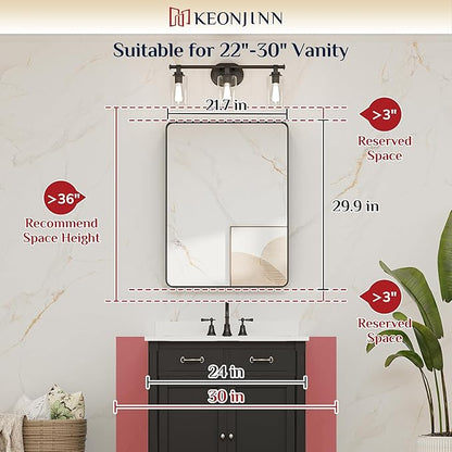 Keonjinn Black Vanity Mirror, 22 x 30 Inch Rounded Rectangle Matte Black Bathroom Mirrors for Over Sink, Anti- Rust Farmhouse Mirror with Seamless Metal Frame, HD Tempered Glass, Sandblasted Finish