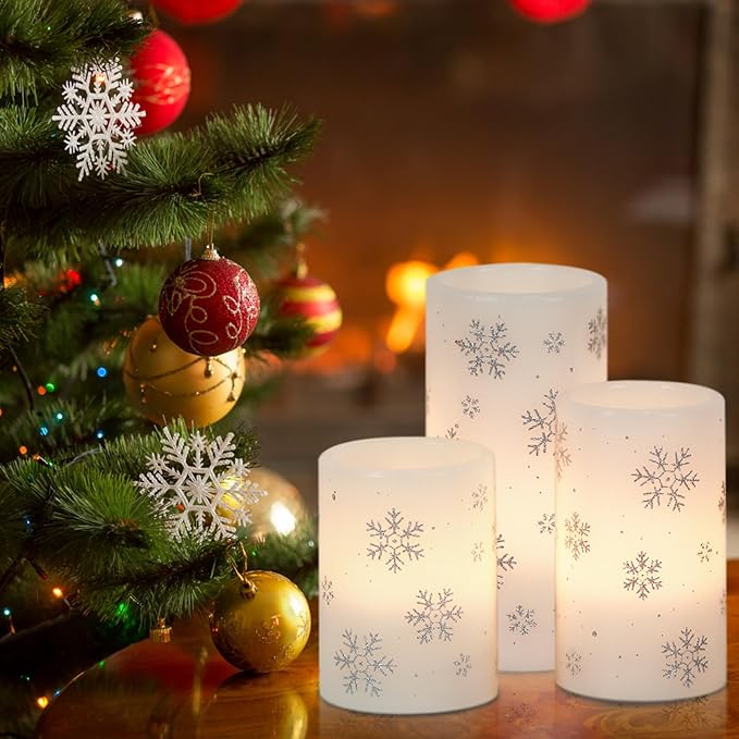 Silver Snowflake Flameless Flickering Candles Battery Operated with 6H Timer, 3 Pack Real Wax Warm Light LED Pillar Candles Dinner Tabletop Holiday Centerpiece Decor 3" x 6"