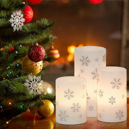 Silver Snowflake Flameless Flickering Candles Battery Operated with 6H Timer, 3 Pack Real Wax Warm Light LED Pillar Candles Dinner Tabletop Holiday Centerpiece Decor 3" x 6"