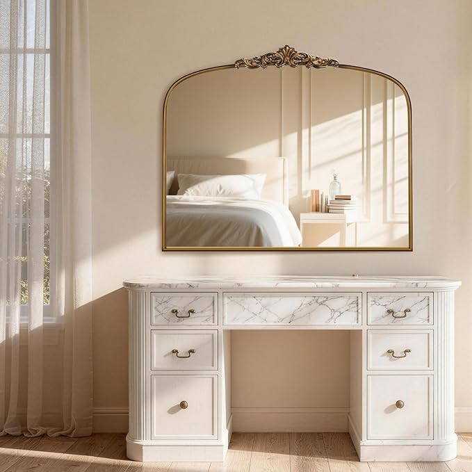 Vintage Gold Ornate Baroque Mirror - 36"X30" Arched Antique Brass Mirror with Full Metal Frame - Ideal for Entryway, Fireplace, Living Room, Hallway or Wall Decor (Upgrade Tempered Glass)