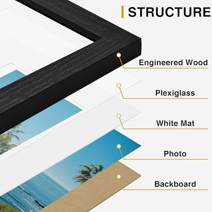 Vittanly 12x12 Picture Frames Set of 9, Display 8x8 Pictures with Mat or 12x12 without Mat, Photo Frames for Wall Mount, Engineered Wood, Black&Brown&Dark Grey