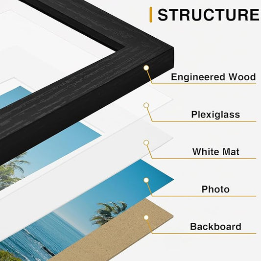 Vittanly 12x12 Picture Frames Set of 9, Display 8x8 Pictures with Mat or 12x12 without Mat, Photo Frames for Wall Mount, Engineered Wood, Black&Brown&Dark Grey