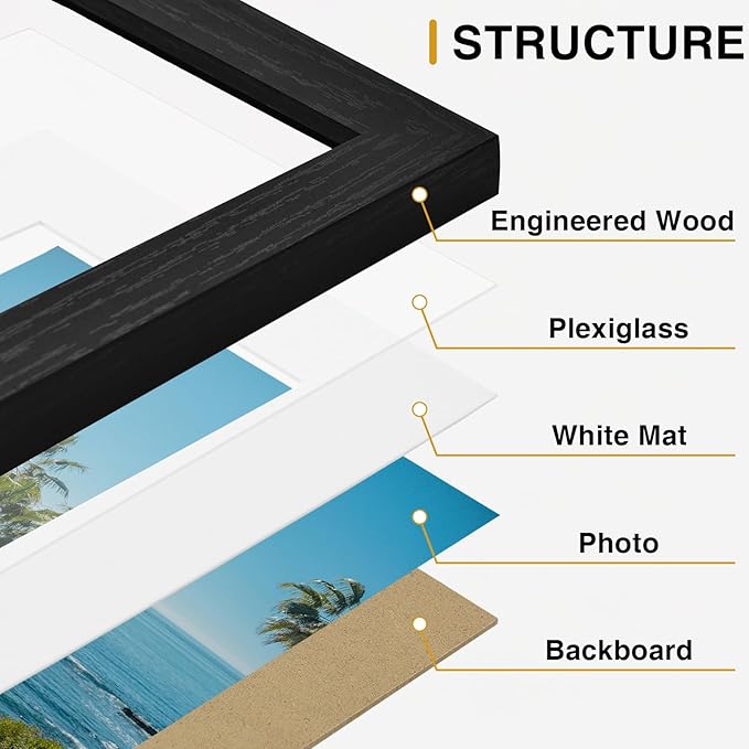 Vittanly 11x14 Picture Frames Set of 9, Display 8x10 Pictures with Mat or 11x14 without Mat, Photo Frames for Wall or Tabletop with Plexiglass, Engineered Wood, Black&Brown&Dark Grey