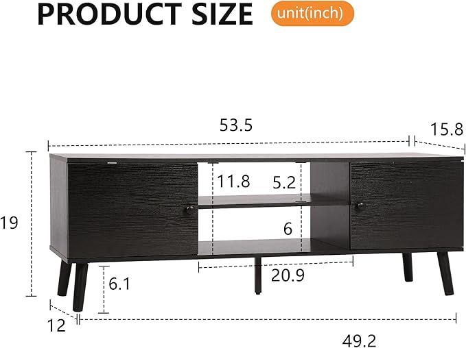 PayLessHere TV Stand for 55/60 Inch TVs,Modern Media Console with 2 Storage Cabinets and Open Shelves,Entertainment Center for Living Room, Bedroom,Black