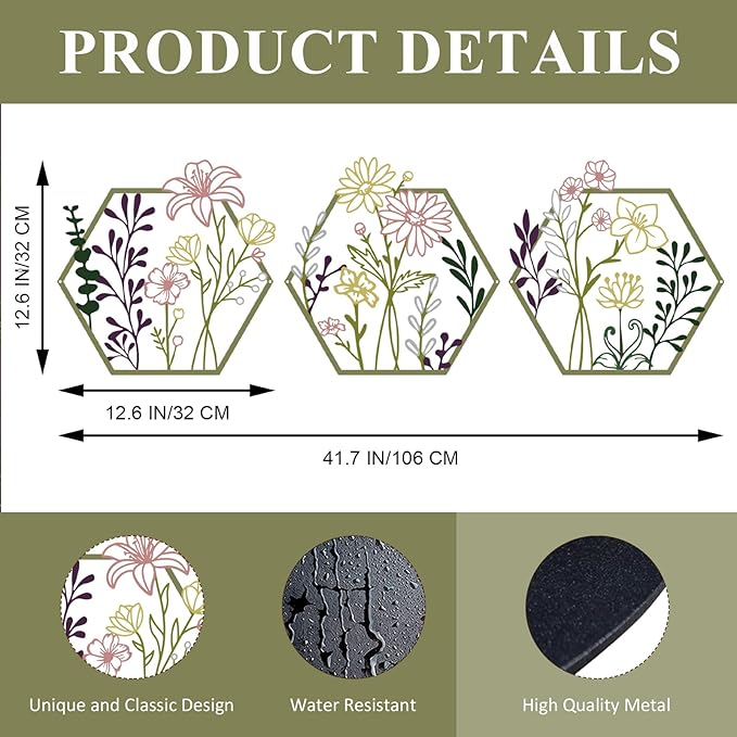 ESTART 3 Pcs Metal Flower Wall Decor, Minimalist Floral Wall Hanging Art, Abstract Line Floral Wall Art Sculpture for Bedroom Bathroom Living Room Kitchen Dining Room (Multi Color)