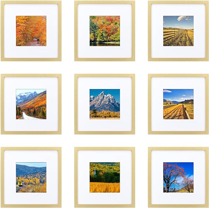 HEART ART 10x10 Gold Picture Frame Set of 9, Display Pictures 6x6 with Mat or 10 x 10 without Mat, Multi Collage Gallery Square Gold Photo Frames for Wall