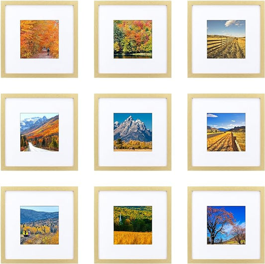 HEART ART 10x10 Gold Picture Frame Set of 9, Display Pictures 6x6 with Mat or 10 x 10 without Mat, Multi Collage Gallery Square Gold Photo Frames for Wall