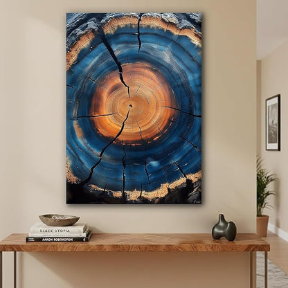 IBHJSART Framed Tree Ring Canvas Wall Art Blue Wall Art Wood Stump Painting Prints Modern Minimalist Pictures Neutral Nature Rustic Farmhouse Decor Living Room Bedroom Bathroom Office