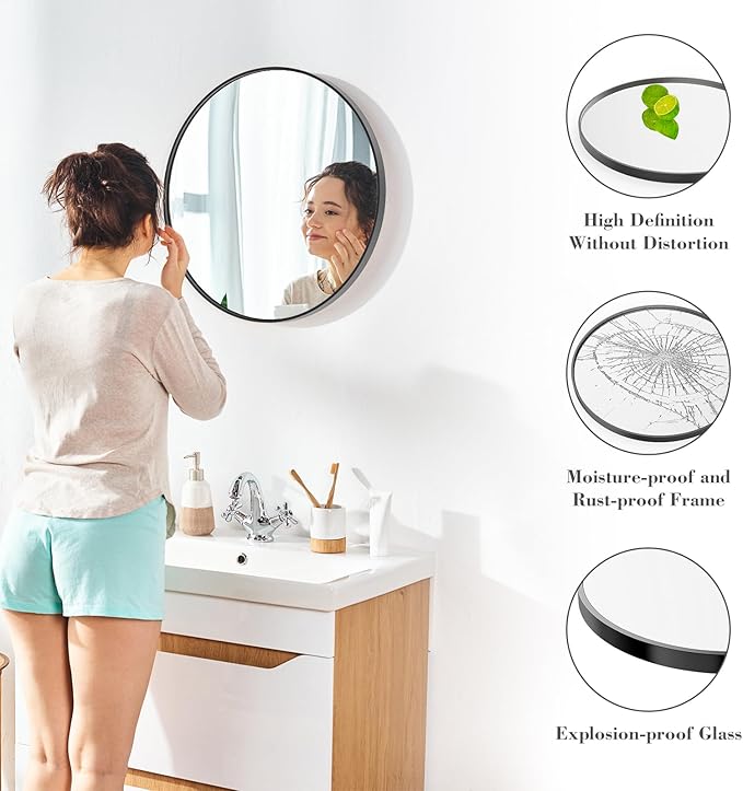 Sweetcrispy 24 Inch Round Wall Mirror with Tempered Glass, Bathroom Mirror Over Sink, Anti-Fog & Waterproof Round Mirror for Bathroom, Entryway, Bedroom, Shatterproof Design, Black