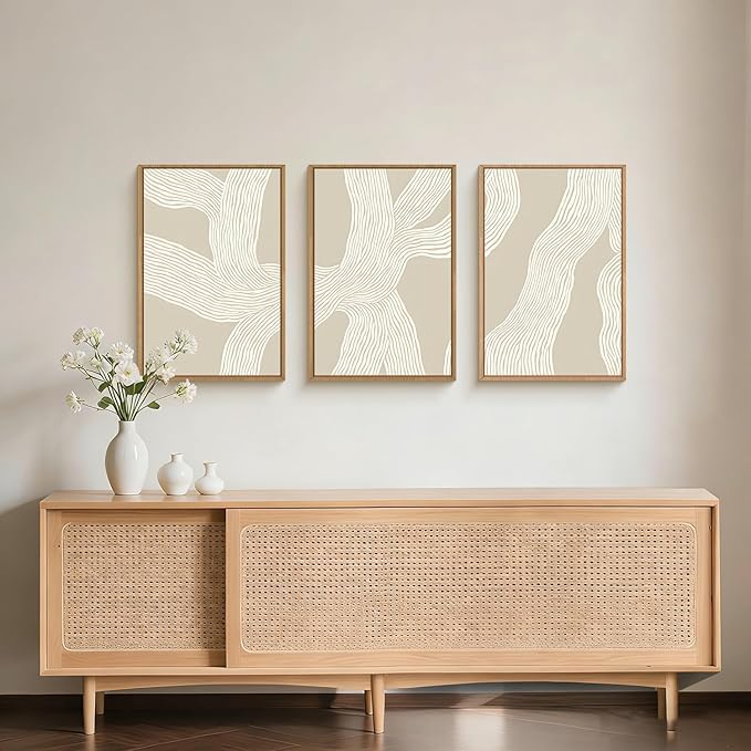 HPNIUB Large Abstract Beige Framed Canvas Prints Wall Art Set,Neutral Minimalist Lines Wall Decor,Modern Textured Artwork for Living Room, Bedroom,Dining Room, Office, Bathroom Decor-16 x24 x3